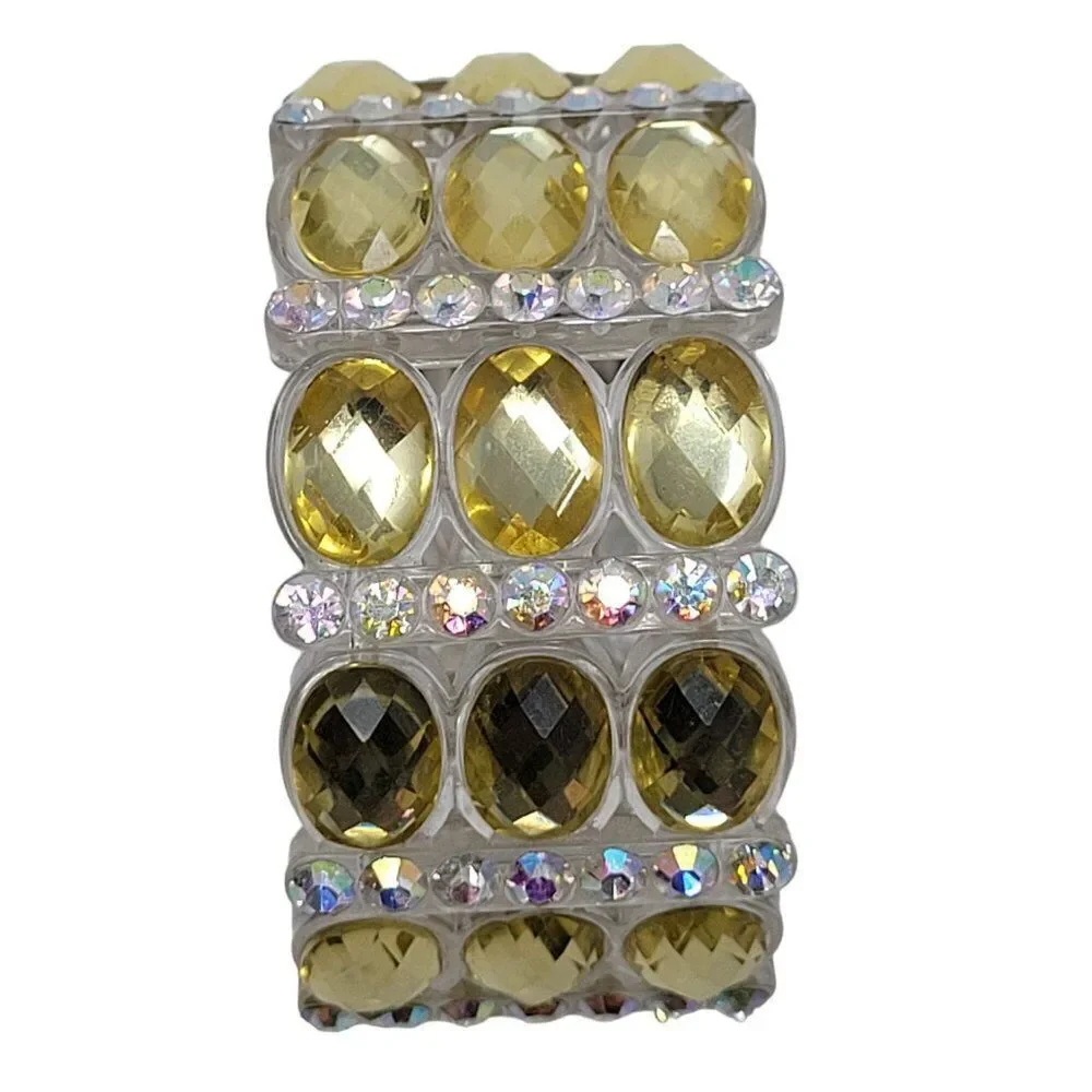 Wide Chunky Stretch Bracelet Faux Yellow Citrine‎ AB Rhinestone Plastic Glam